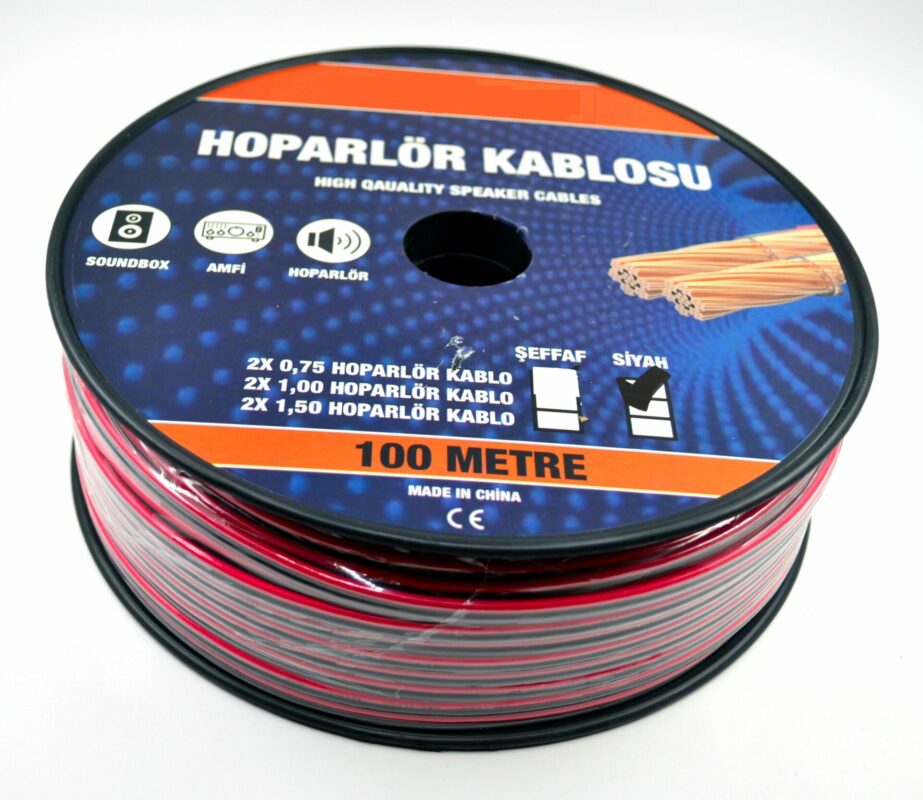 100 Metre 2x0.75mm2 CCA Bitişik Hoparlör Kablosu (Kırmızı-Siyah) 100 metre kırmızı-siyah hoparlör kablosu, 2x0.75mm2 CCA