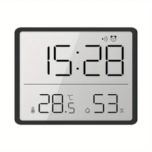 Dijital alarm saati, sıcaklık ölçer, gece lambası.
