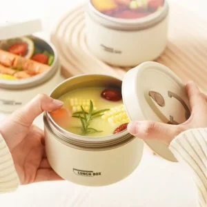 Paslanmaz çelik çok katlı yemek kabı, sıcak ve soğuk yiyecekler için ideal.