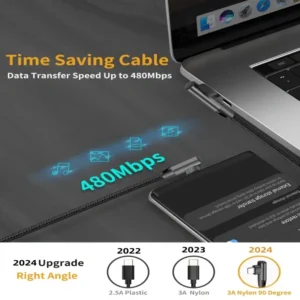 USB-A ve Type-C dirsek kablo, 60W hızlı şarj desteği.