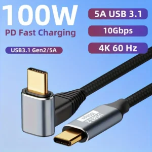 USB-C dirsek kablo, 10Gbps hız, 100W güç desteği.